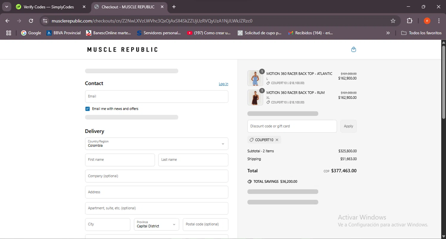 Muscle Republic discount code screenshot showing code COUPERT10 applied at Muscle Republic checkout page. Uploaded by SimplyCodes community member BrilliantSleuth7740 on Apr 7, 2025