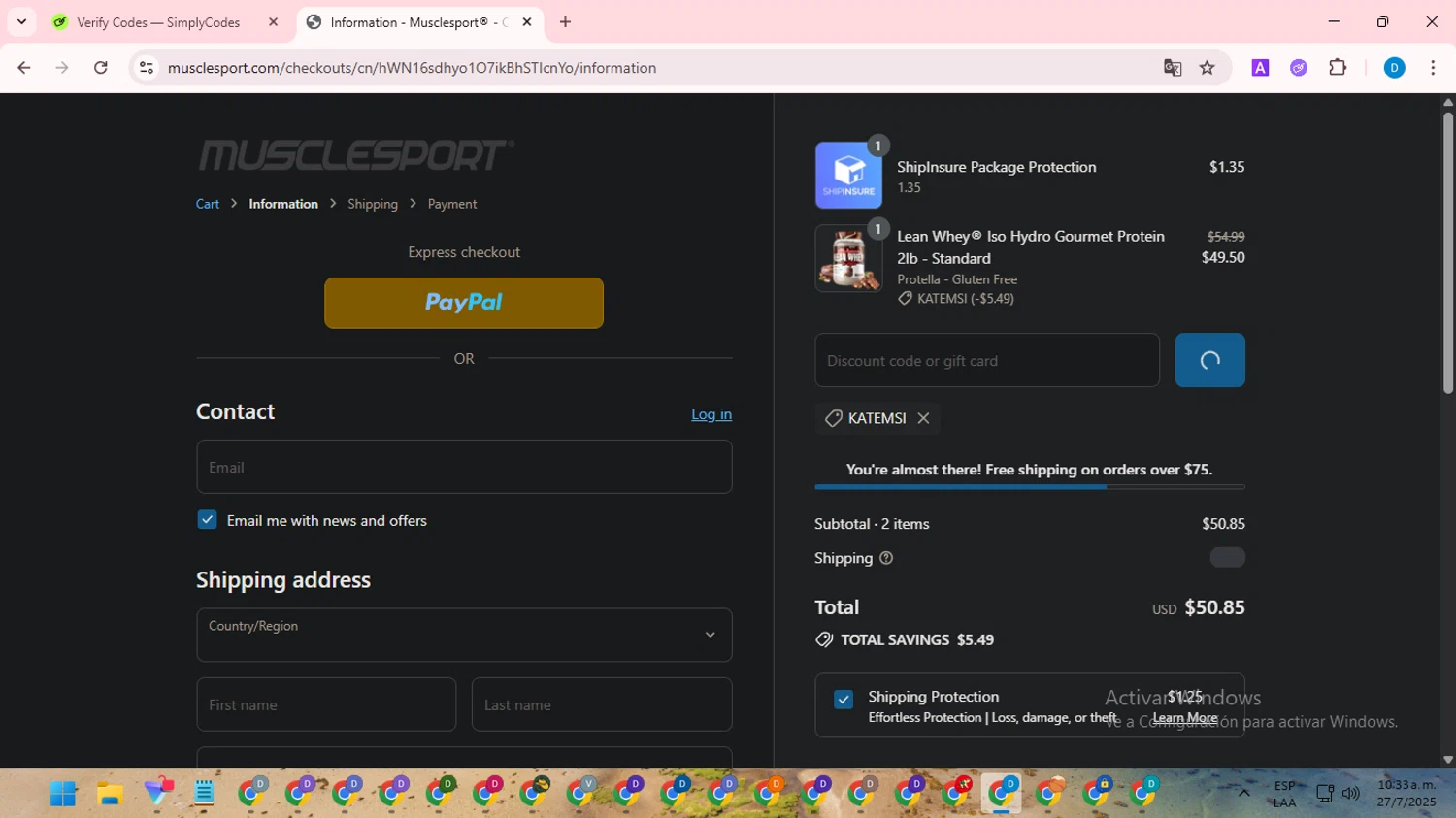 MuscleSport discount code screenshot showing code KATEMSI applied at MuscleSport checkout page. Uploaded by SimplyCodes community member saltediosteve on Jul 27, 2025