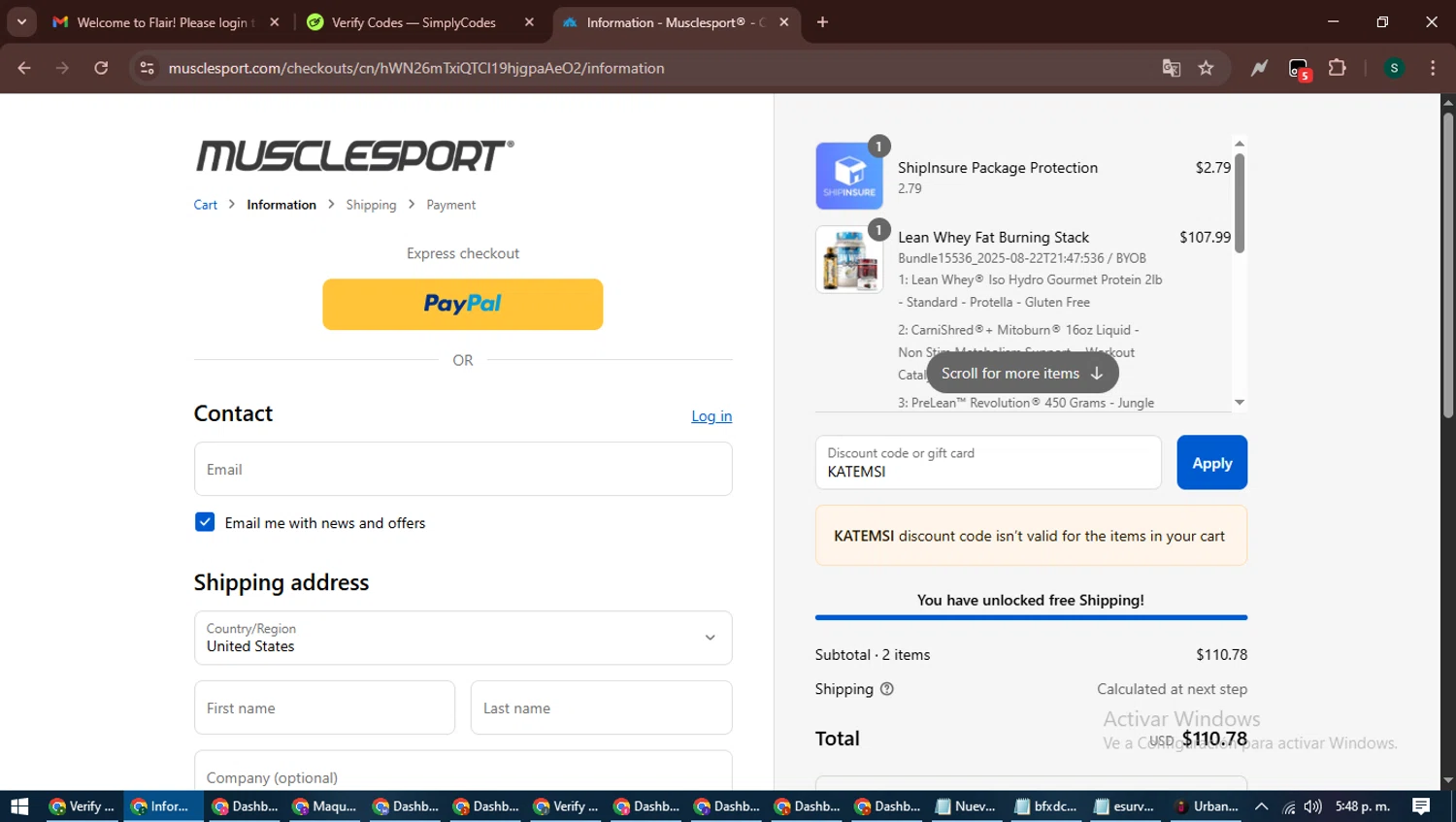 MuscleSport discount code screenshot showing code KATEMSI applied at MuscleSport checkout page. Uploaded by SimplyCodes community member ShrewdAce7935 on Aug 22, 2025