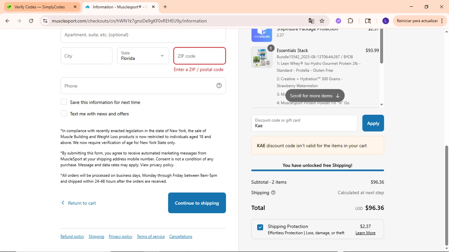 MuscleSport discount code screenshot showing code Kae applied at MuscleSport checkout page. Uploaded by SimplyCodes community member EpicWarden3081 on Aug 13, 2025