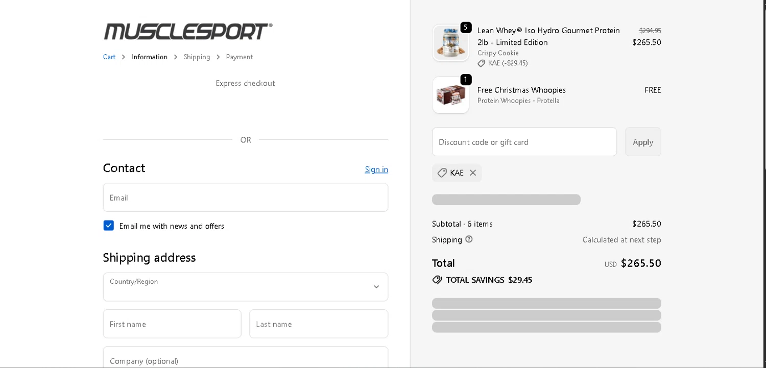 MuscleSport discount code screenshot showing code Kae applied at MuscleSport checkout page. Uploaded by SimplyCodes community member FortunateElite5130 on Dec 23, 2025