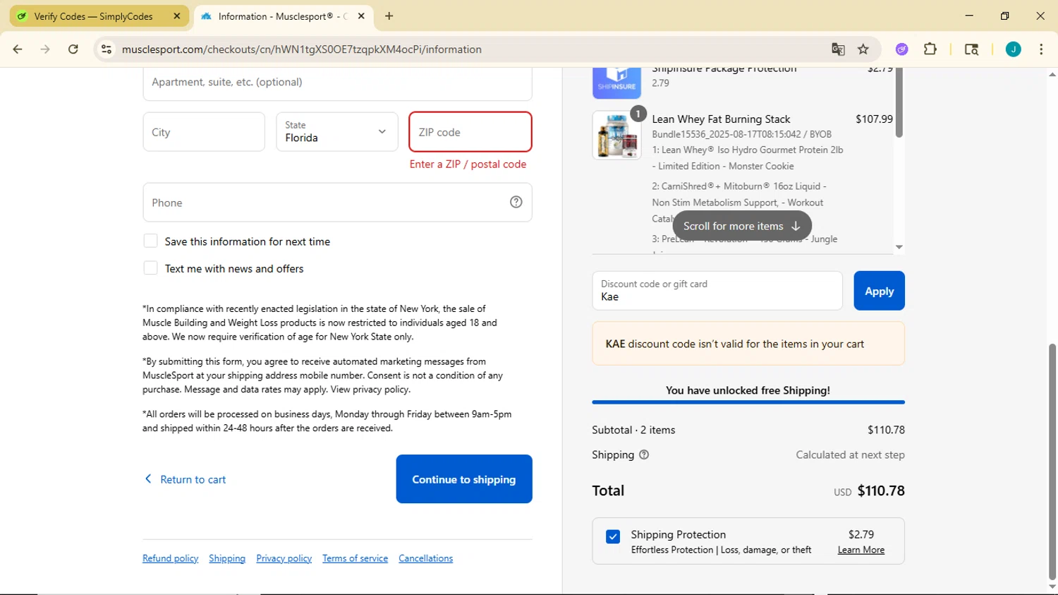 MuscleSport discount code screenshot showing code Kae applied at MuscleSport checkout page. Uploaded by SimplyCodes community member GoldDefender3268 on Aug 17, 2025