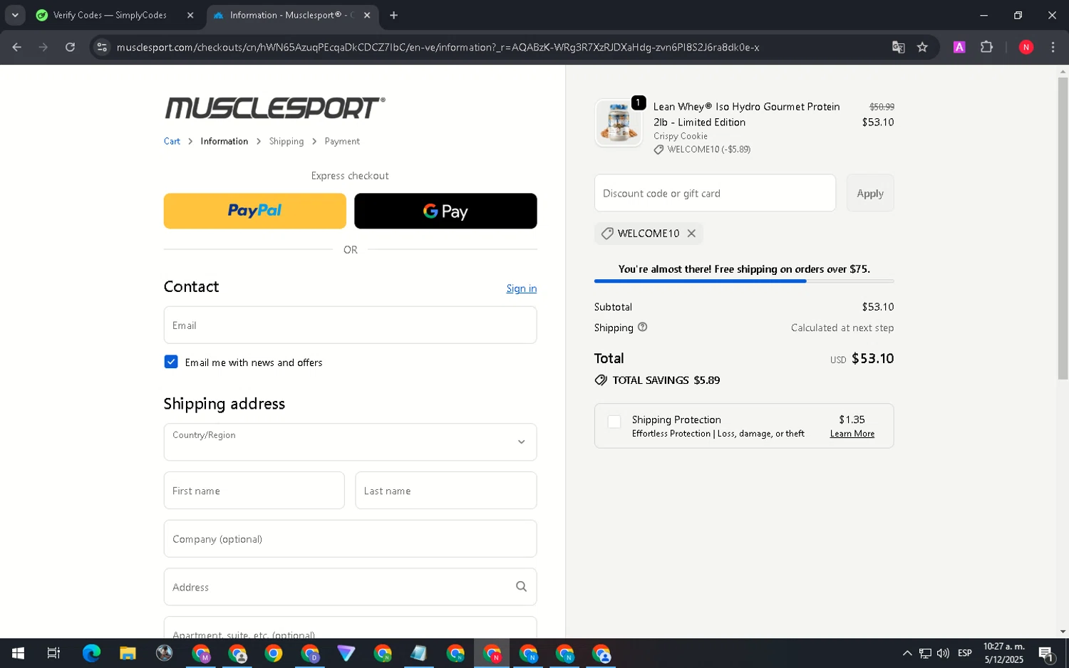 MuscleSport discount code screenshot showing code WELCOME10 applied at MuscleSport checkout page. Uploaded by SimplyCodes community member FortunateVirtuoso9599 on Dec 5, 2025