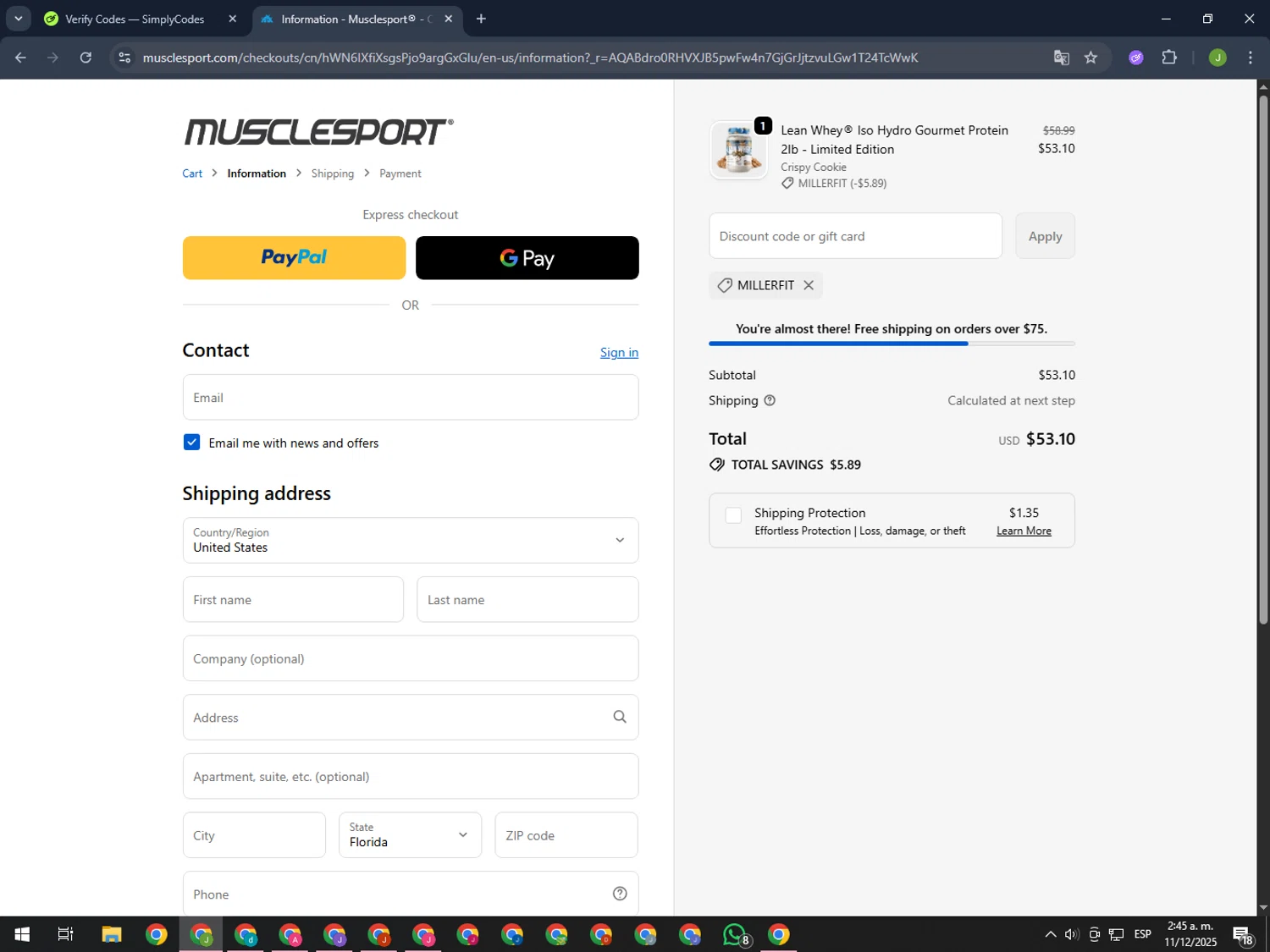 MuscleSport discount code screenshot showing code MILLERFIT applied at MuscleSport checkout page. Uploaded by SimplyCodes community member MightyFinder1041 on Dec 11, 2025