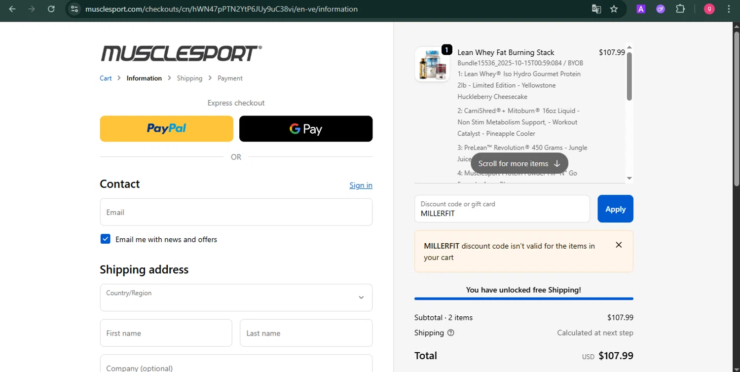 MuscleSport discount code screenshot showing code MILLERFIT applied at MuscleSport checkout page. Uploaded by SimplyCodes community member MoneyFalcon481 on Oct 15, 2025