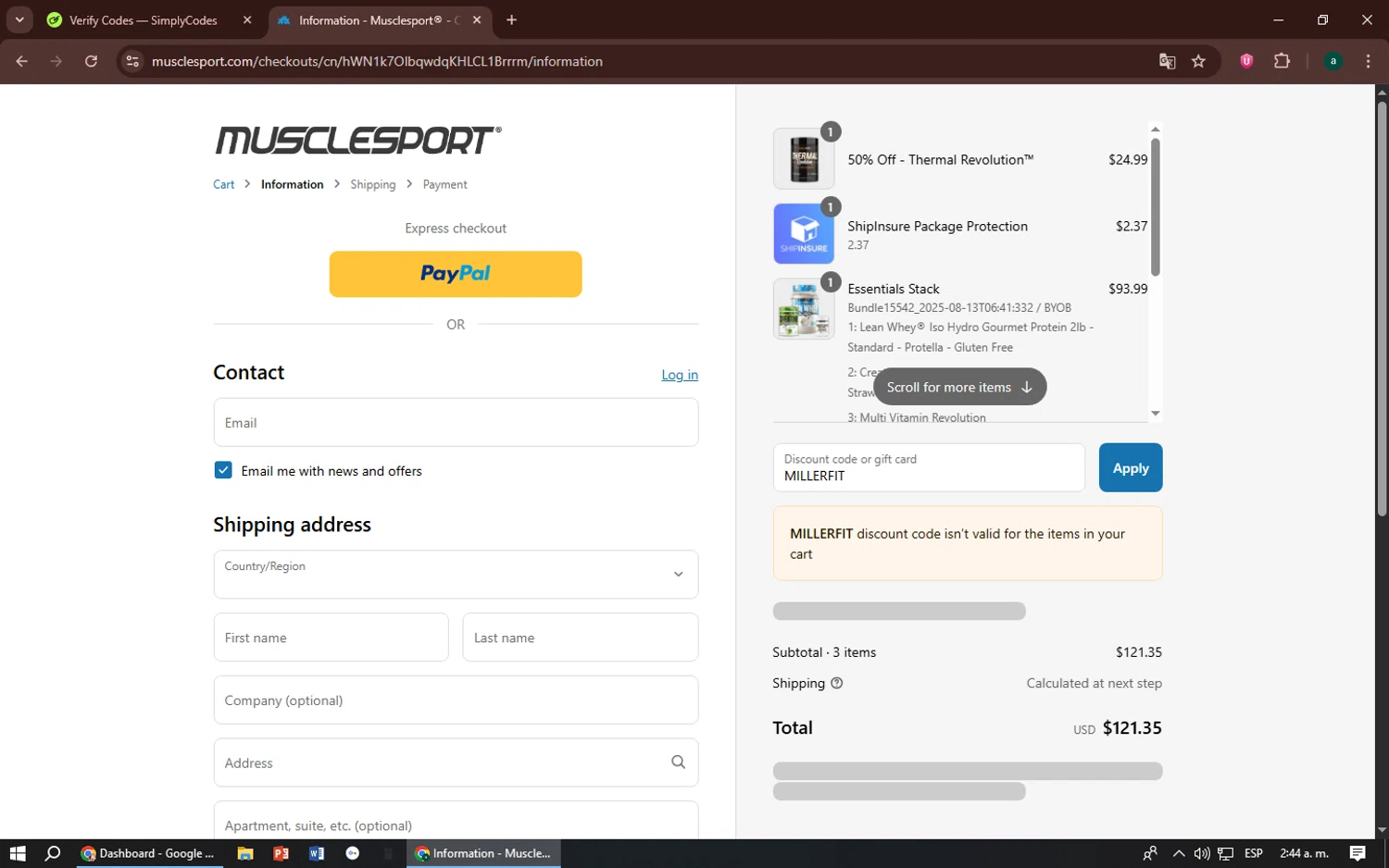 MuscleSport discount code screenshot showing code MILLERFIT applied at MuscleSport checkout page. Uploaded by SimplyCodes community member zizu55 on Aug 13, 2025