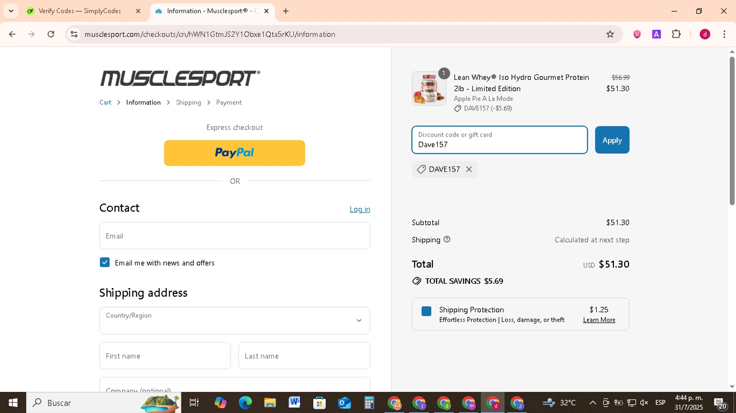 MuscleSport discount code screenshot showing code Dave157 applied at MuscleSport checkout page. Uploaded by SimplyCodes community member FrugalMonarch7277 on Jul 31, 2025