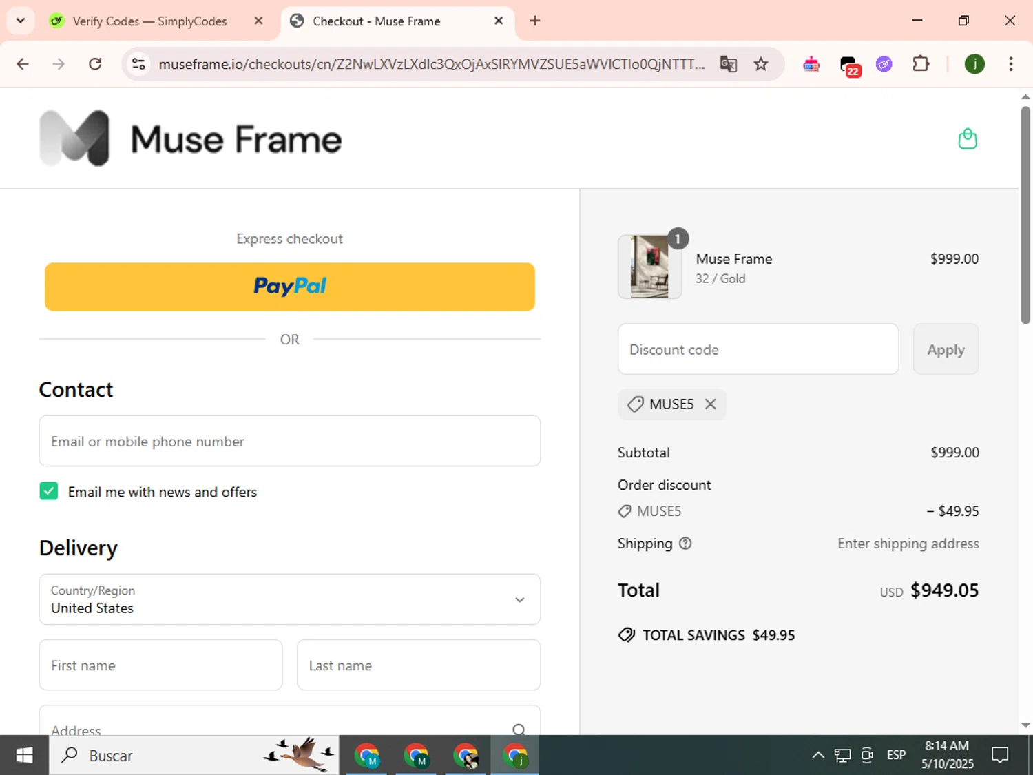 Muse Frame promo code screenshot showing code MUSE5 applied at Muse Frame checkout page. Uploaded by SimplyCodes community member SavingsCollector2592 on May 10, 2025