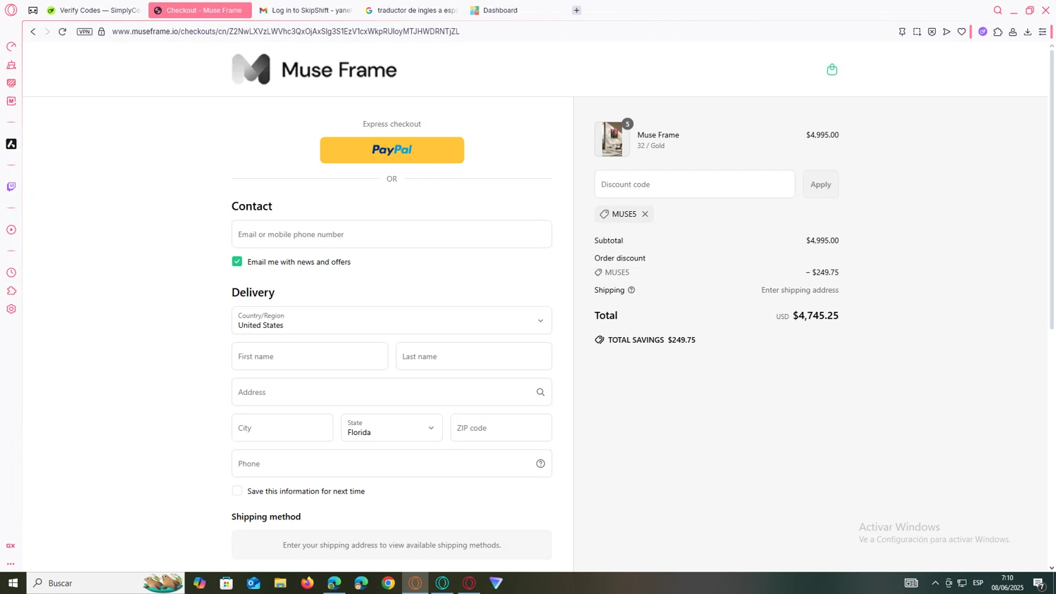 Muse Frame promo code screenshot showing code MUSE5 applied at Muse Frame checkout page. Uploaded by SimplyCodes community member yanetrod on Jun 8, 2025