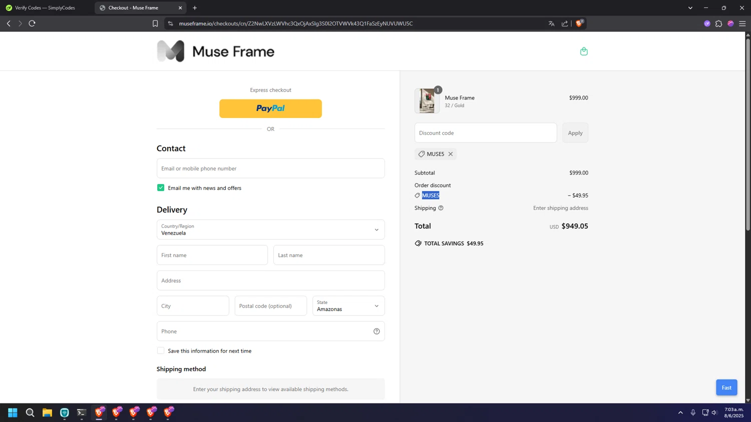 Muse Frame promo code screenshot showing code MUSE5 applied at Muse Frame checkout page. Uploaded by SimplyCodes community member MRYORMAN on Jun 8, 2025