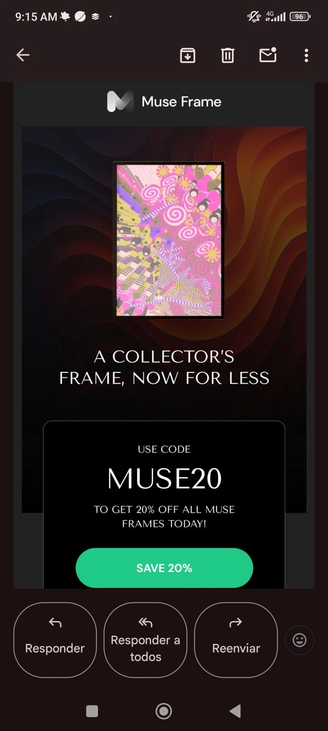 Muse Frame promo code screenshot showing code Muse20 applied at Muse Frame checkout page. Uploaded by SimplyCodes community member SaraiVillarroel on Jun 6, 2025