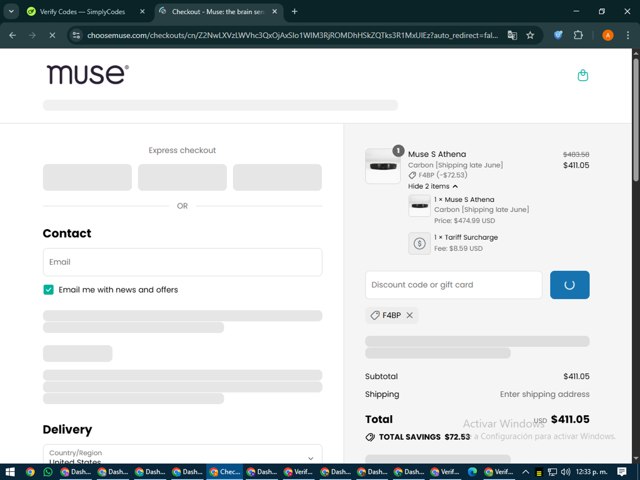 Muse Headband checkout page showing Muse Headband discount code box | Screenshot taken by SimplyCodes community member on Jul 2, 2025