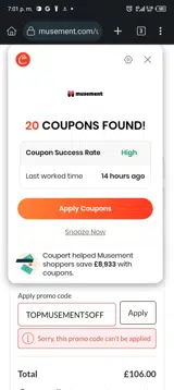 TOPMUSEMENT5OFF coupon verification screenshot