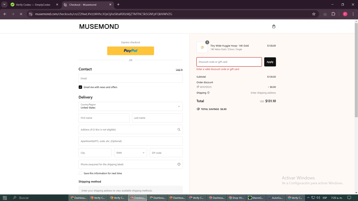 Musemond discount code screenshot showing code WINTER25 applied at Musemond checkout page. Uploaded by SimplyCodes community member Burbuja on Feb 13, 2025