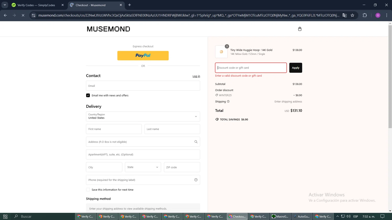 Musemond discount code screenshot showing code WINTER25 applied at Musemond checkout page. Uploaded by SimplyCodes community member FrugalFox6349 on Feb 13, 2025