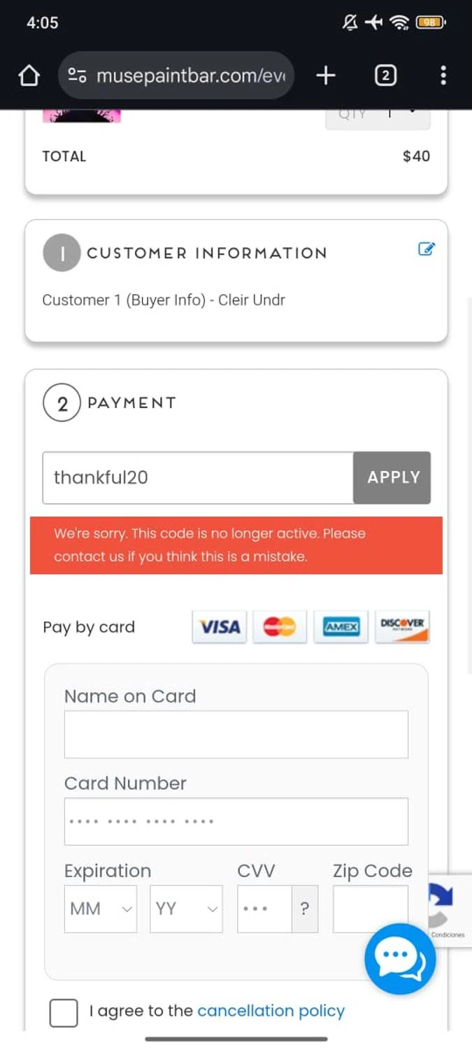 Muse Paintbar promo code screenshot showing code thankful20 applied at Muse Paintbar checkout page. Uploaded by SimplyCodes community member RoyalSpotter5217 on Feb 10, 2026