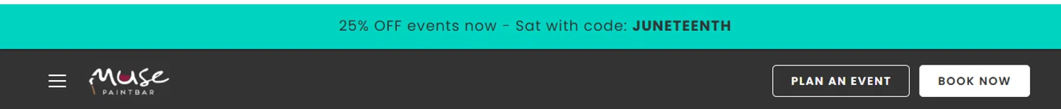 Muse Paintbar promo code screenshot showing code JUNETEENTH applied at Muse Paintbar checkout page. Uploaded by SimplyCodes community member valeriaantonieta on Jun 19, 2026
