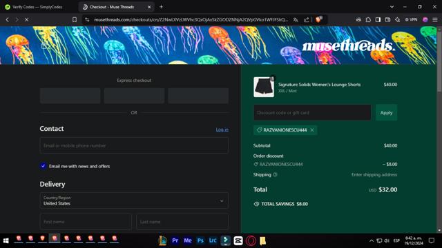 Muse Threads checkout page showing Muse Threads promo code box | Screenshot taken by SimplyCodes community member on Dec 19, 2024