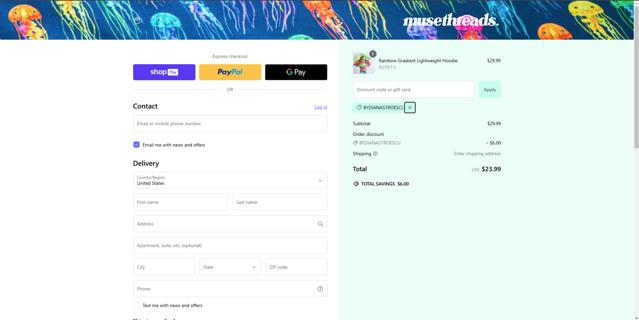 Muse Threads checkout page showing Muse Threads promo code box | Screenshot taken by SimplyCodes community member on Dec 23, 2024