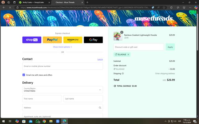 Muse Threads checkout page showing Muse Threads promo code box | Screenshot taken by SimplyCodes community member on Dec 15, 2024