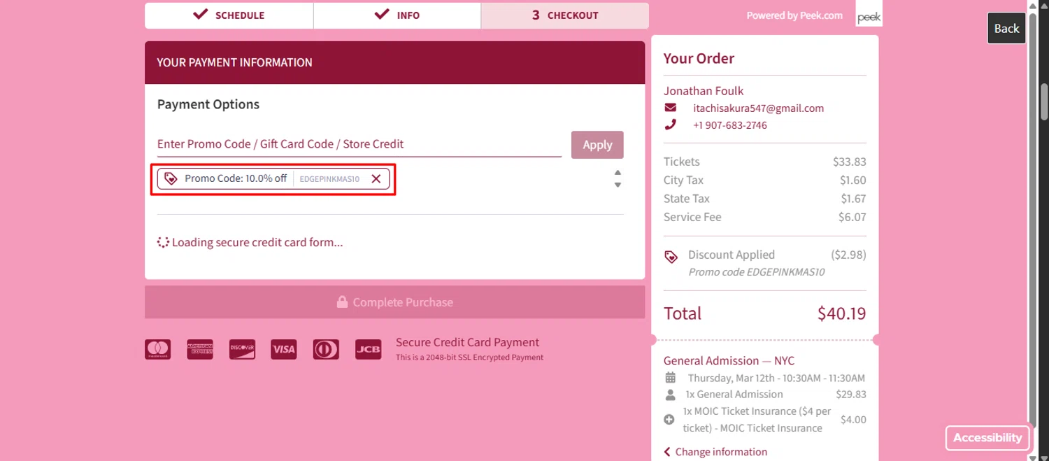Museum of Ice Cream promo code screenshot showing code EdgePinkmas10 applied at Museum of Ice Cream checkout page. Uploaded by SimplyCodes community member noworries on Feb 27, 2026