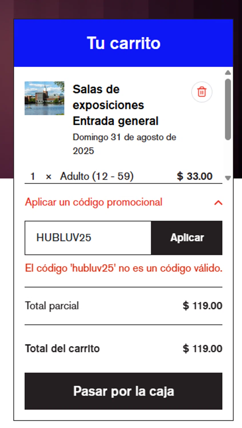Museum of Science promo code screenshot showing code HUBLUV25 applied at Museum of Science checkout page. Uploaded by SimplyCodes community member Eliaslpz on Aug 31, 2025