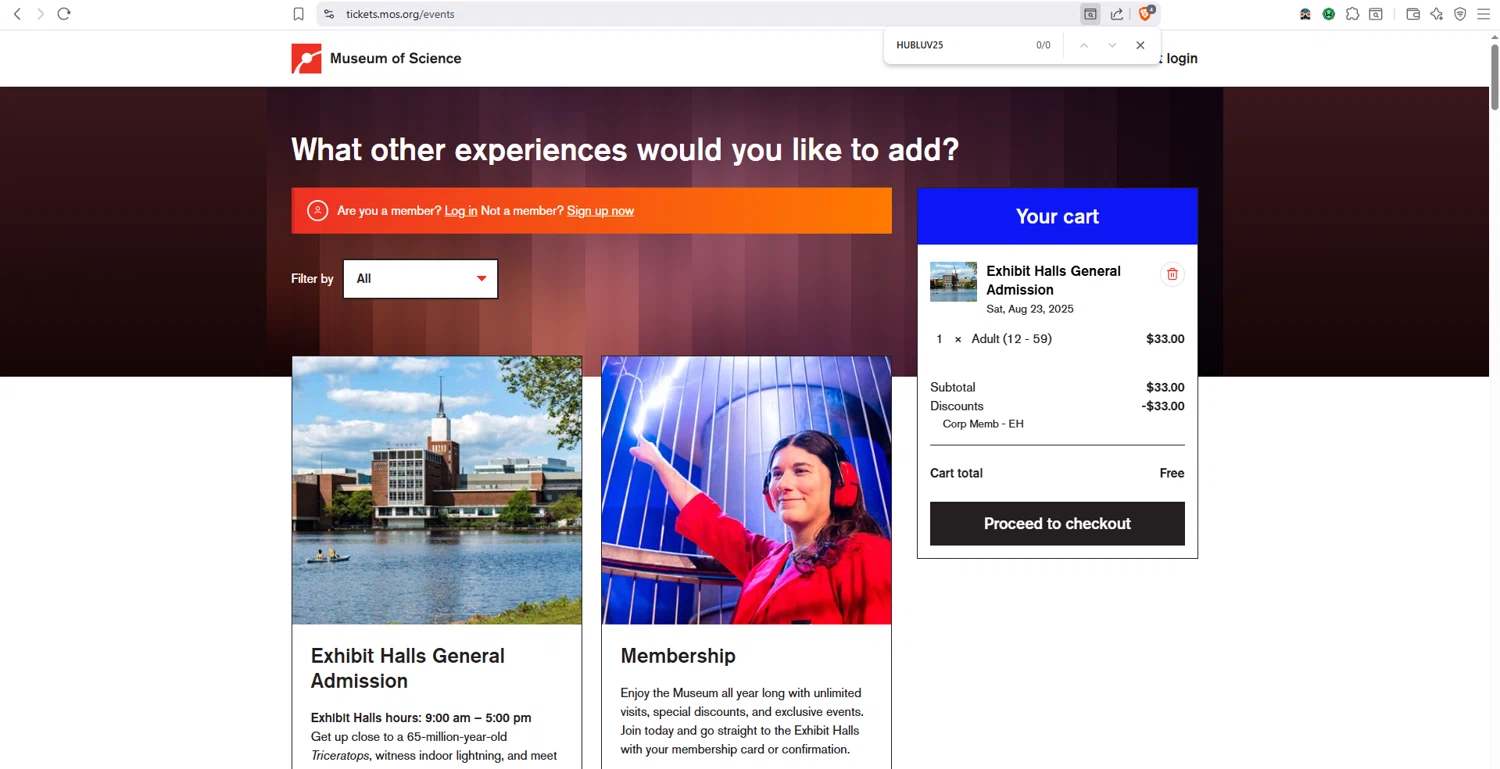 Museum of Science promo code screenshot showing code HUBLUV25 applied at Museum of Science checkout page. Uploaded by SimplyCodes community member dayselis15 on Aug 2, 2025