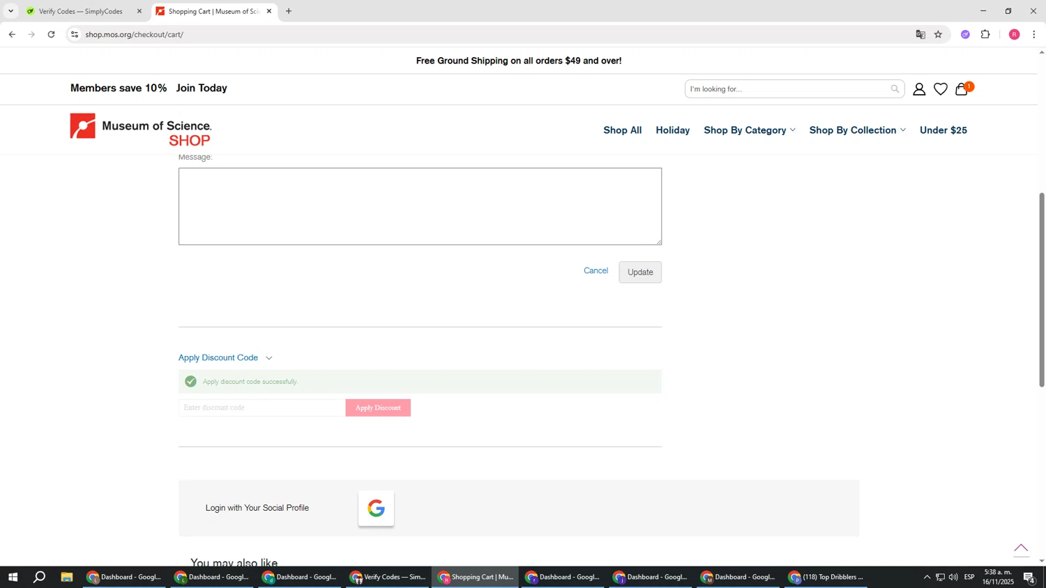 Museum of Science promo code screenshot showing code SPACESHIP applied at Museum of Science checkout page. Uploaded by SimplyCodes community member TTTT55 on Nov 16, 2025
