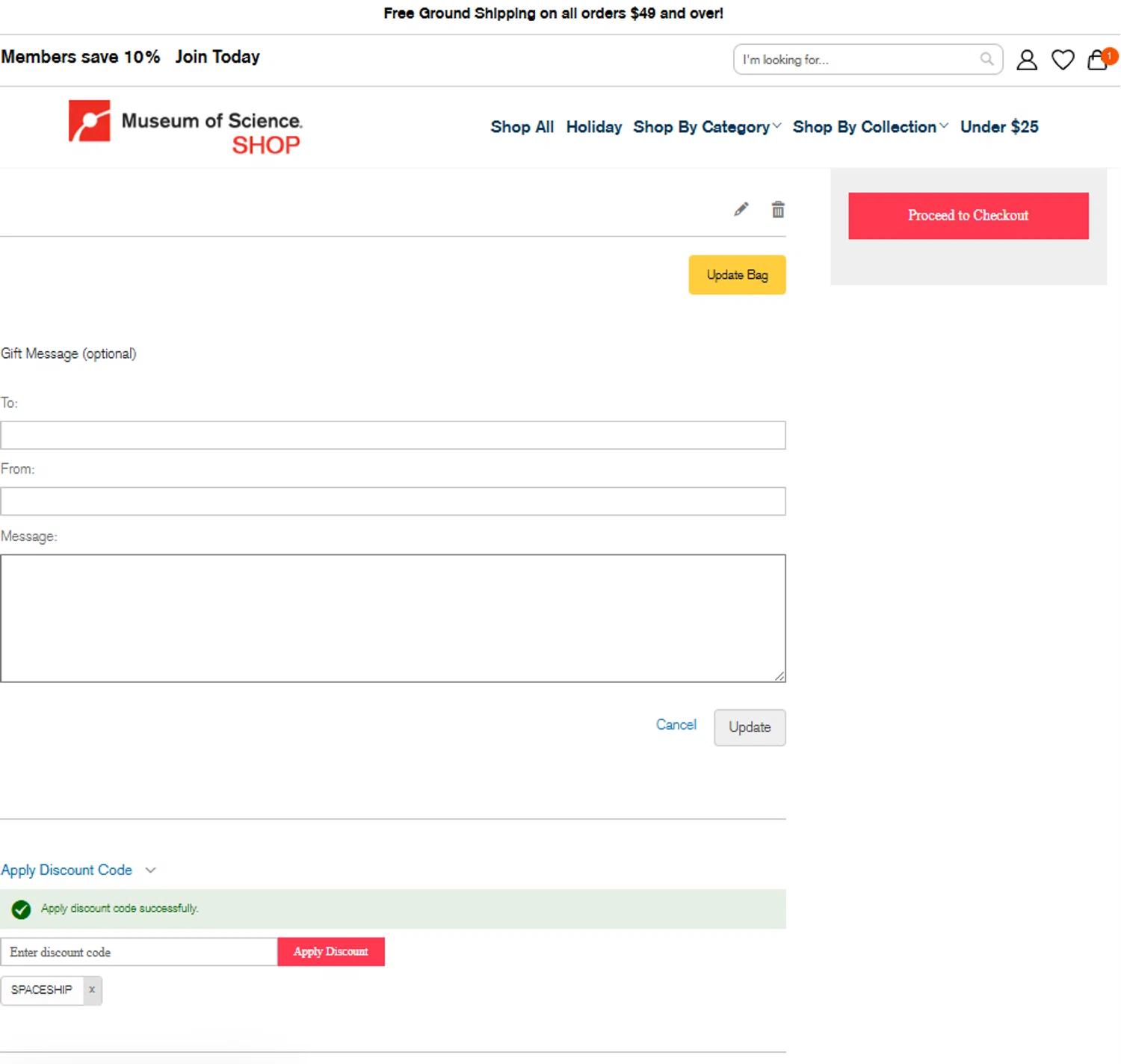 Museum of Science promo code screenshot showing code SPACESHIP applied at Museum of Science checkout page. Uploaded by SimplyCodes community member reggiesmith on Nov 16, 2025