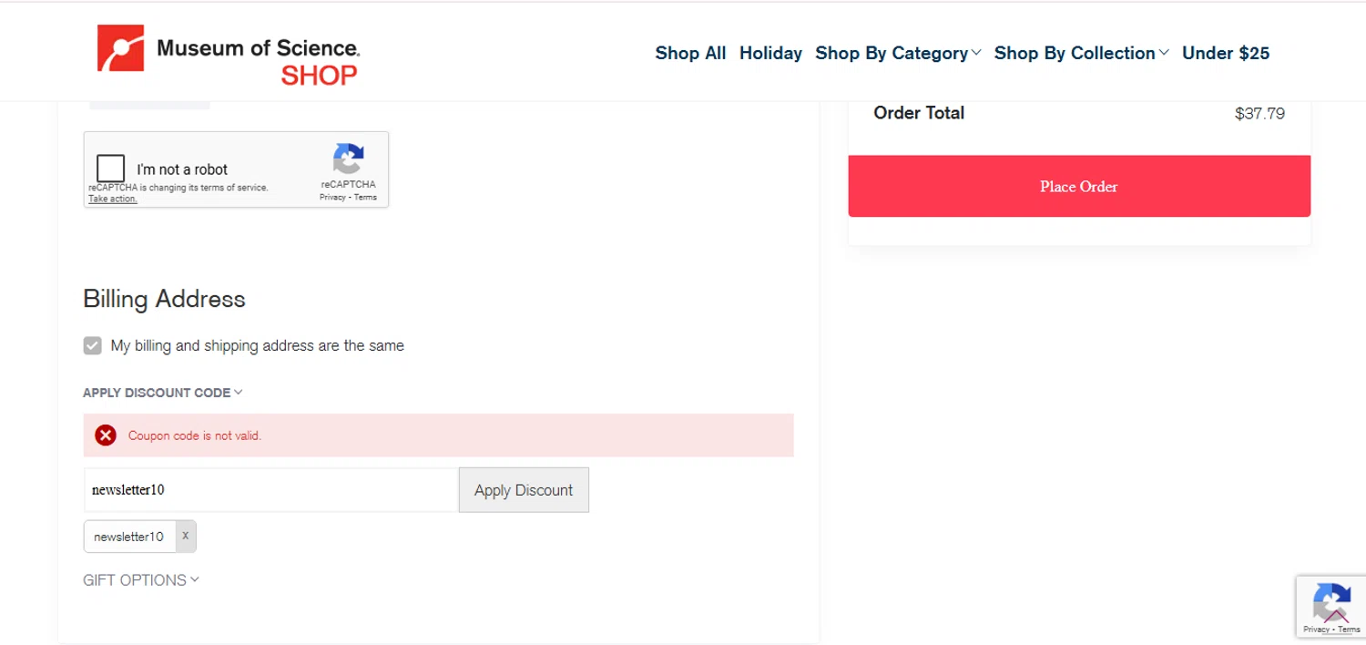 Museum of Science promo code screenshot showing code newsletter10 applied at Museum of Science checkout page. Uploaded by SimplyCodes community member MagnificentCurator5441 on Nov 24, 2025