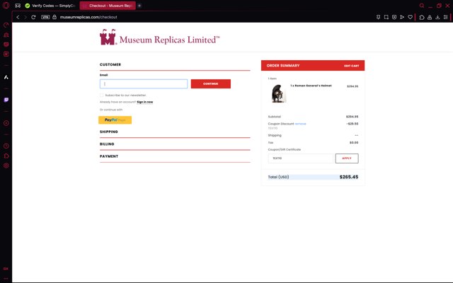 Museum Replicas checkout page showing Museum Replicas coupon code box | Screenshot taken by SimplyCodes community member on May 27, 2025