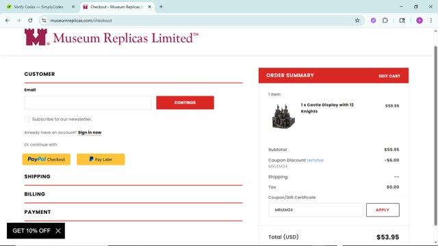 Museum Replicas checkout page showing Museum Replicas coupon code box | Screenshot taken by SimplyCodes community member on May 20, 2025