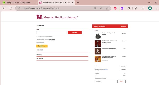 Museum Replicas checkout page showing Museum Replicas coupon code box | Screenshot taken by SimplyCodes community member on Apr 28, 2025