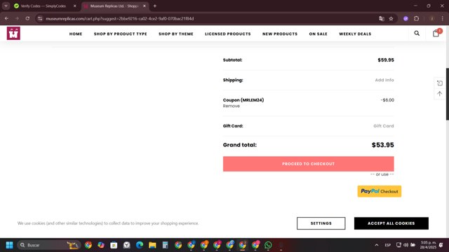 Museum Replicas checkout page showing Museum Replicas coupon code box | Screenshot taken by SimplyCodes community member on Apr 28, 2025