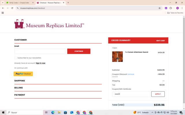 Museum Replicas checkout page showing Museum Replicas coupon code box | Screenshot taken by SimplyCodes community member on Feb 13, 2025