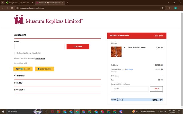 Museum Replicas checkout page showing Museum Replicas coupon code box | Screenshot taken by SimplyCodes community member on Feb 13, 2025