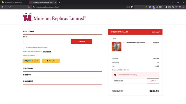Museum Replicas checkout page showing Museum Replicas coupon code box | Screenshot taken by SimplyCodes community member on Aug 26, 2025