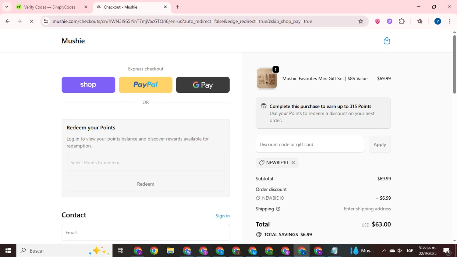 Mushie discount code screenshot showing code NEWBIE10 applied at Mushie checkout page. Uploaded by SimplyCodes community member CrownTitan5376 on Sep 23, 2025