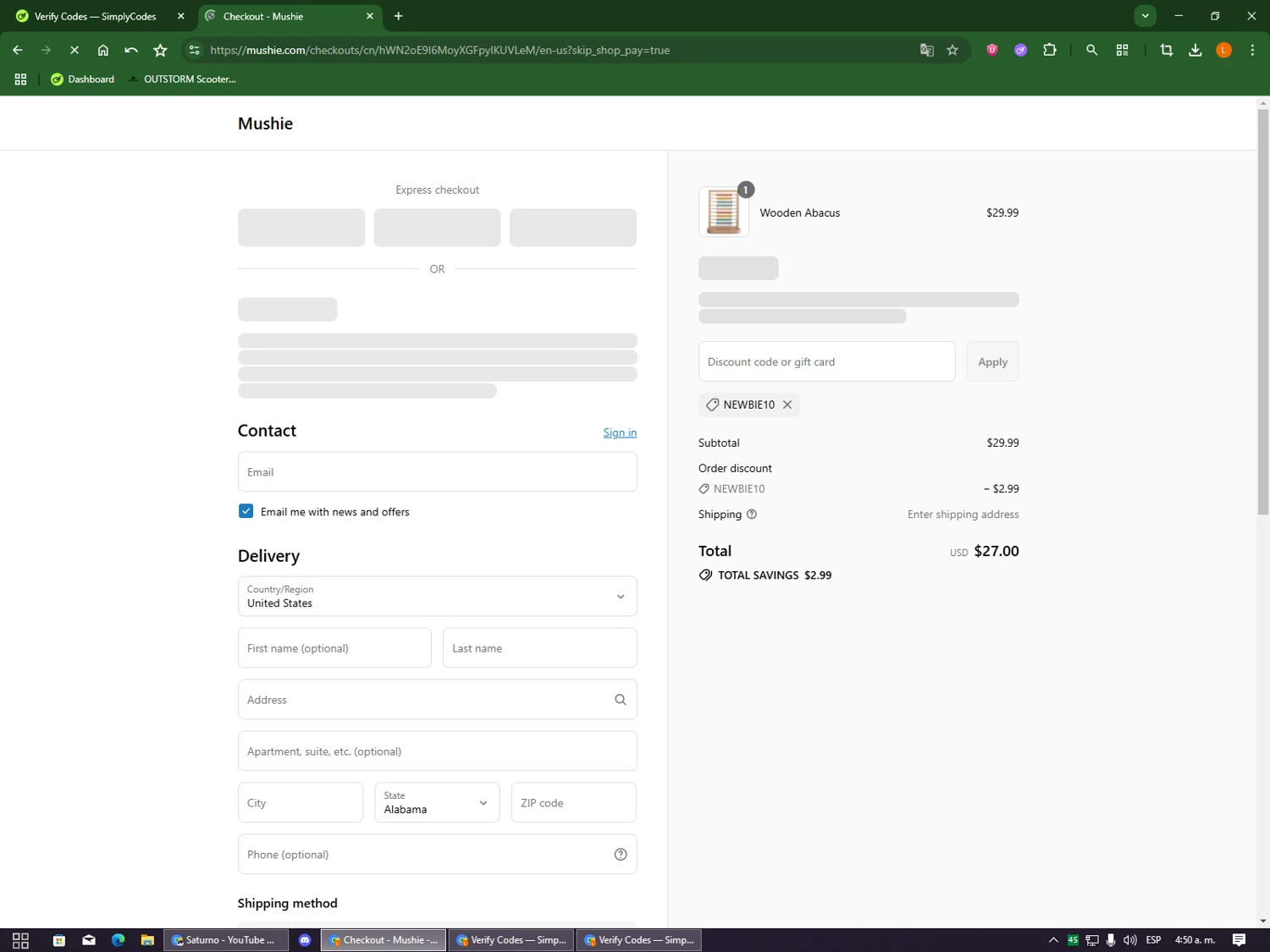 Mushie discount code screenshot showing code NEWBIE10 applied at Mushie checkout page. Uploaded by SimplyCodes community member DealOwl9228 on Sep 10, 2025