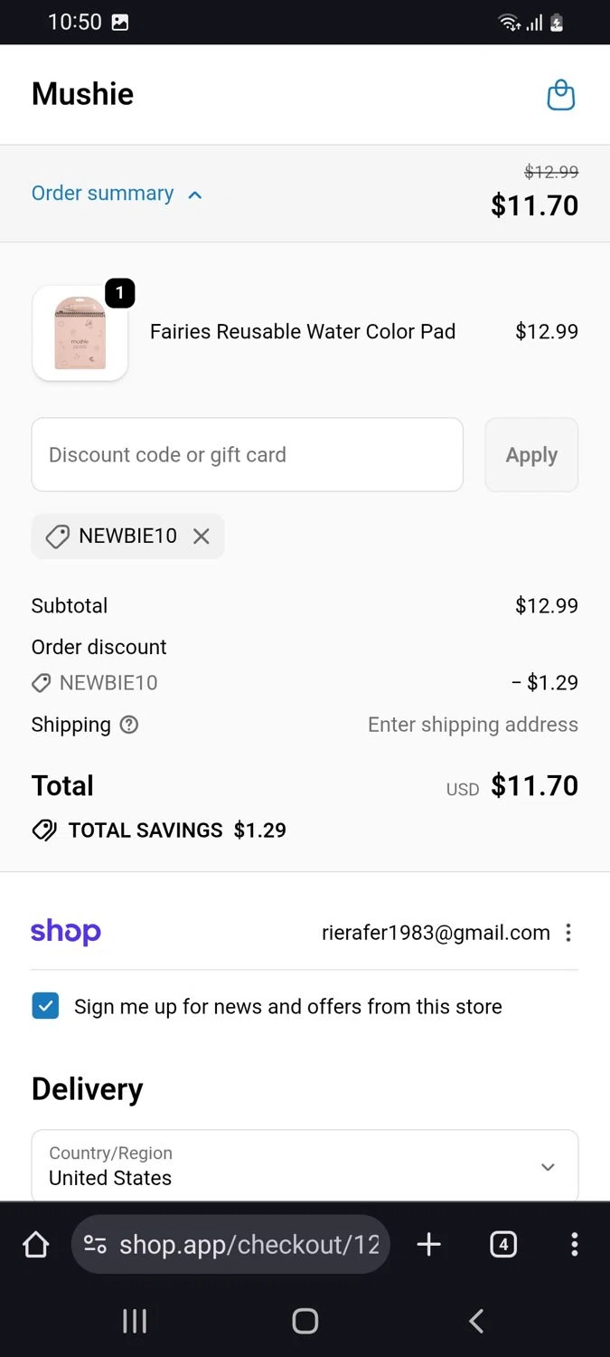 Mushie discount code screenshot showing code NEWBIE10 applied at Mushie checkout page. Uploaded by SimplyCodes community member tulioriera on Oct 5, 2025