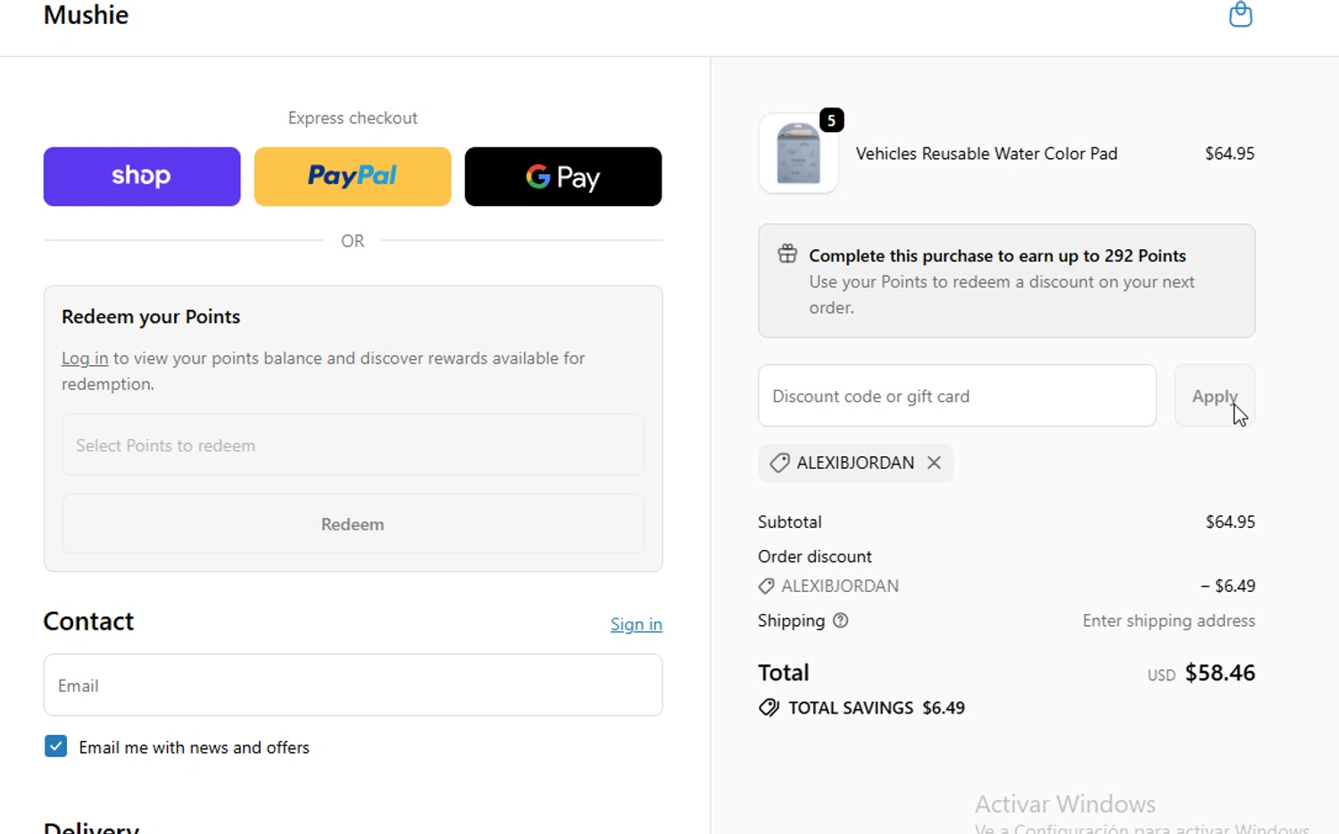 Mushie discount code screenshot showing code ALEXIBJORDAN applied at Mushie checkout page. Uploaded by SimplyCodes community member Sheele_Icon on Nov 22, 2025