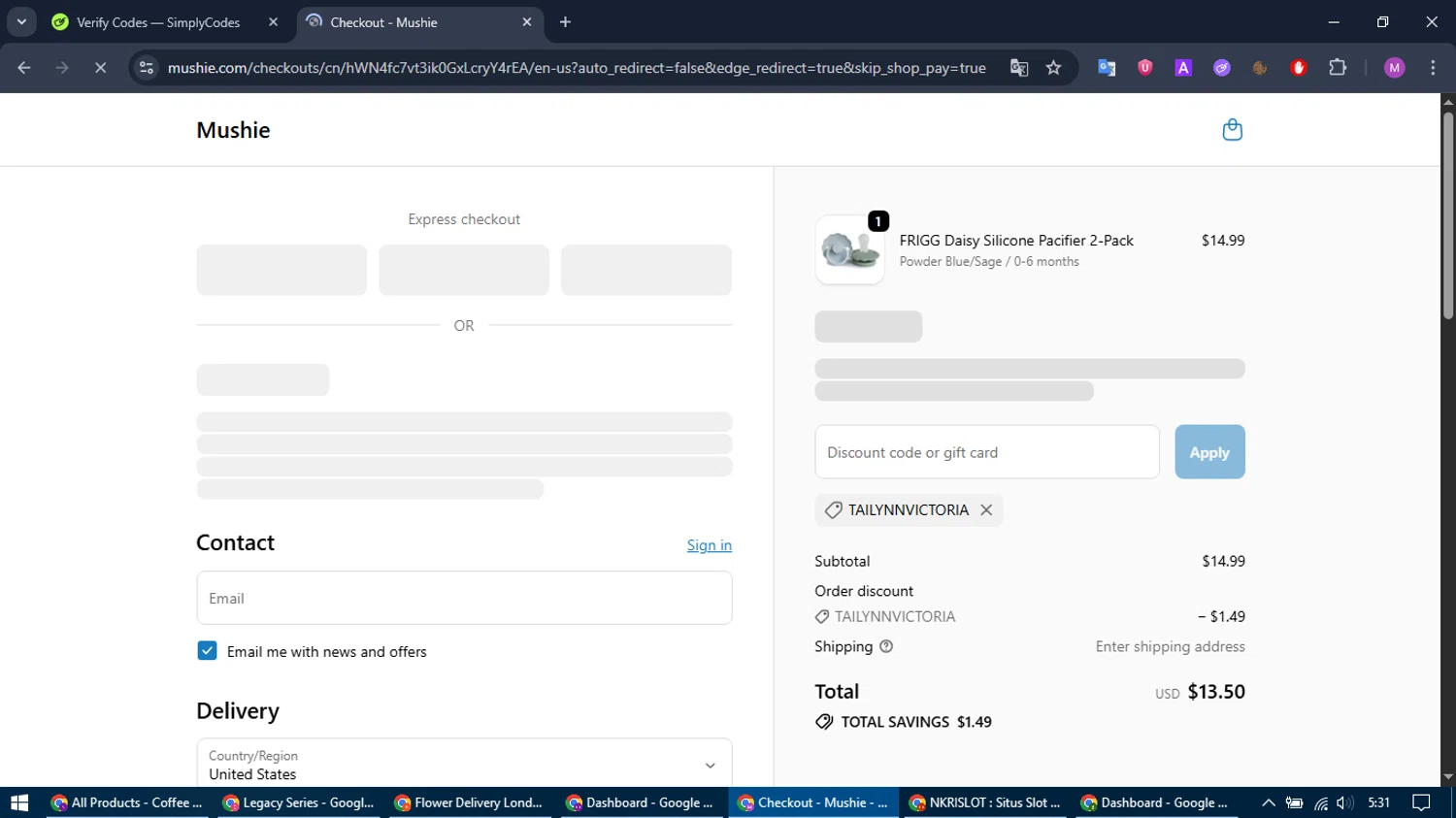 Mushie discount code screenshot showing code TAILYNNVICTORIA applied at Mushie checkout page. Uploaded by SimplyCodes community member MightyTracker1549 on Oct 29, 2025
