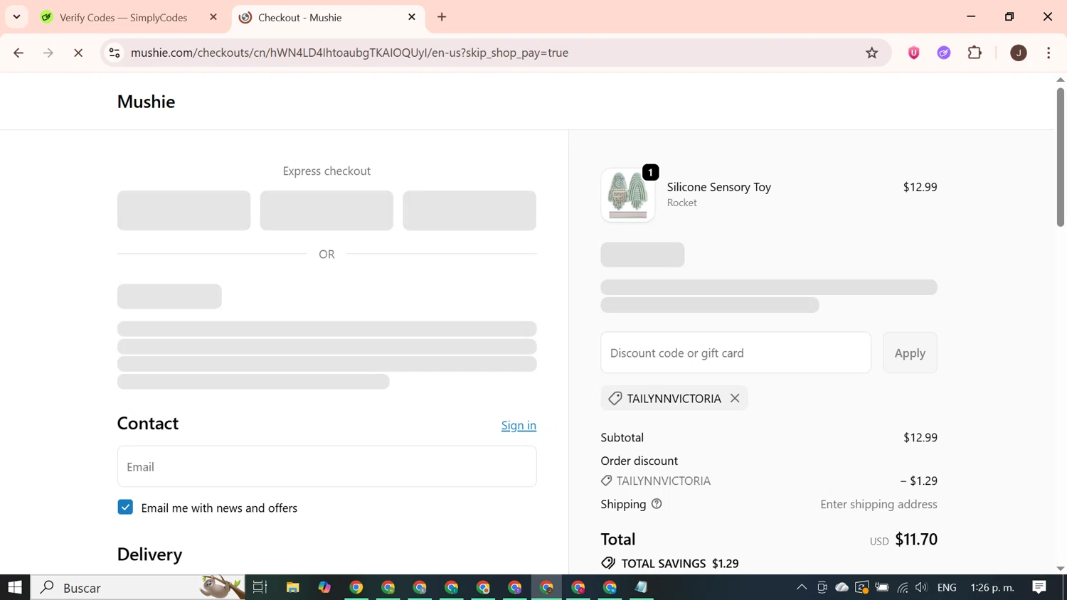 Mushie discount code screenshot showing code TAILYNNVICTORIA applied at Mushie checkout page. Uploaded by SimplyCodes community member PrimeGenius2371 on Oct 20, 2025