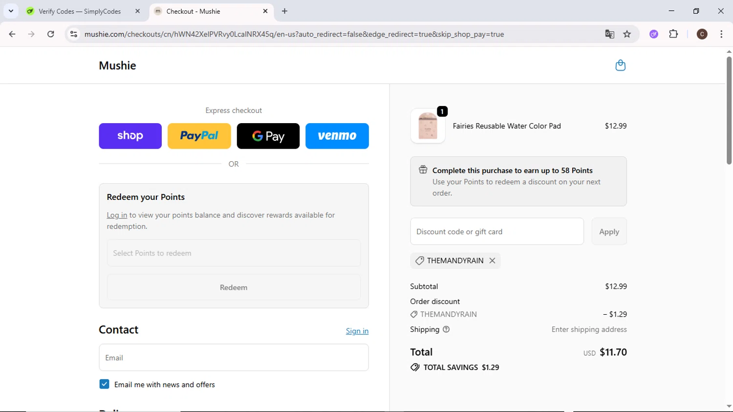 Mushie discount code screenshot showing code THEMANDYRAIN applied at Mushie checkout page. Uploaded by SimplyCodes community member MoneyPilot9634 on Oct 12, 2025