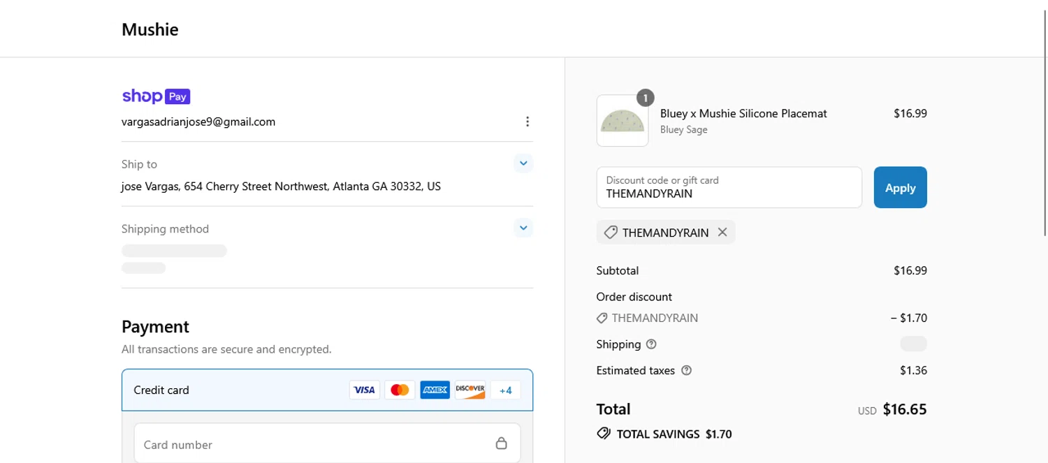 Mushie discount code screenshot showing code THEMANDYRAIN applied at Mushie checkout page. Uploaded by SimplyCodes community member WladimirV on Jul 21, 2025