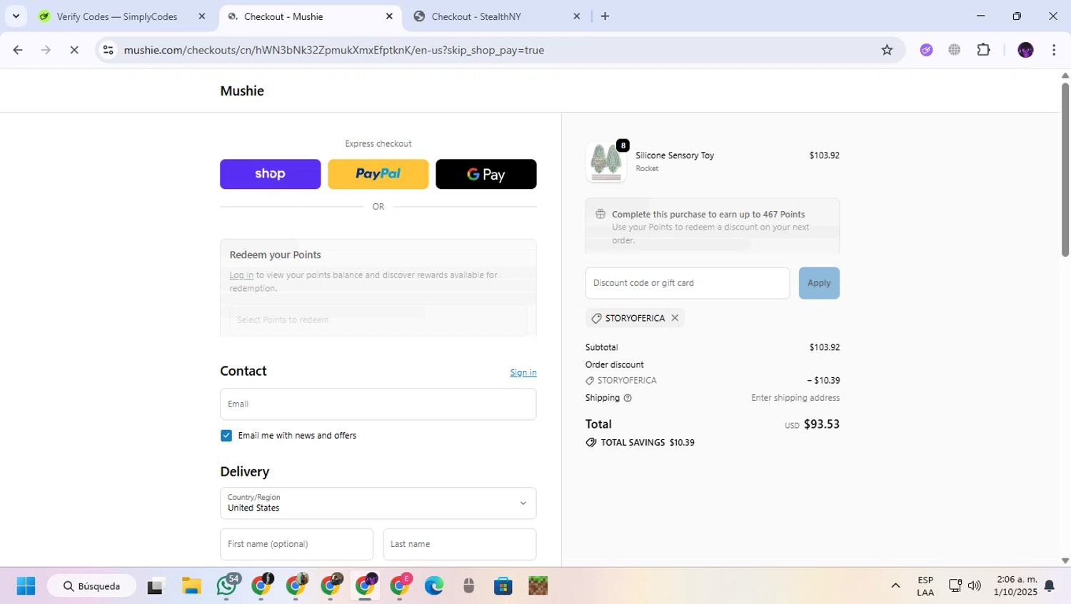 Mushie discount code screenshot showing code STORYOFERICA applied at Mushie checkout page. Uploaded by SimplyCodes community member GloriousGuardian9063 on Oct 1, 2025