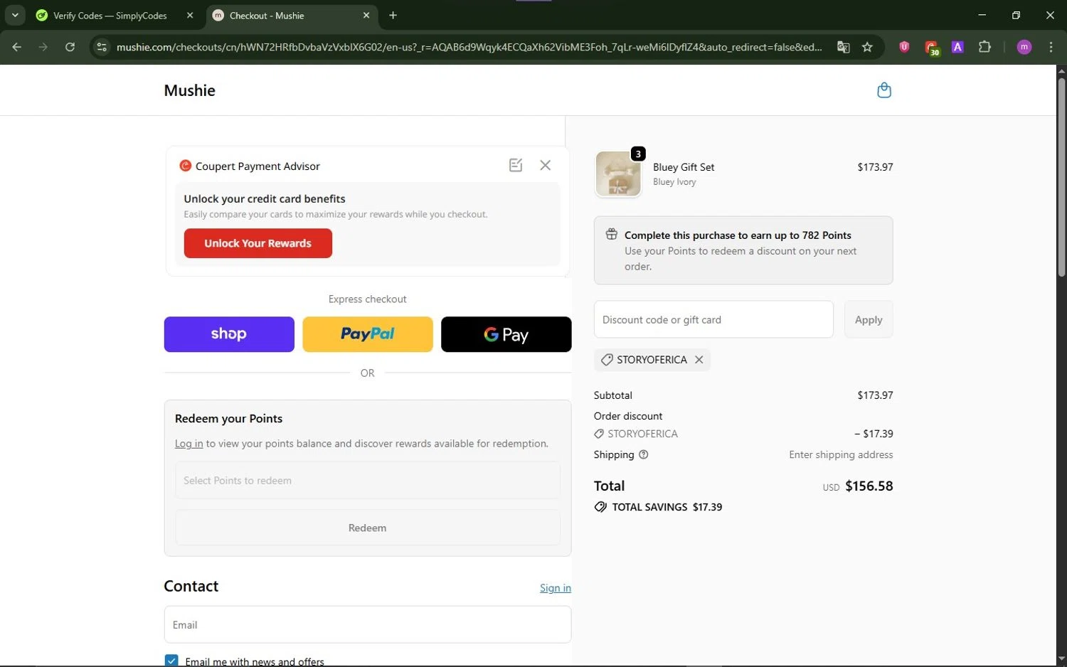 Mushie discount code screenshot showing code STORYOFERICA applied at Mushie checkout page. Uploaded by SimplyCodes community member TokenChaser4876 on Dec 30, 2025