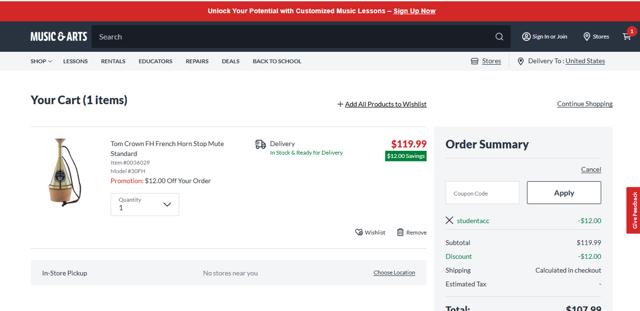 Music & Arts checkout page showing Music & Arts promo code box | Screenshot taken by SimplyCodes community member on Sep 10, 2025