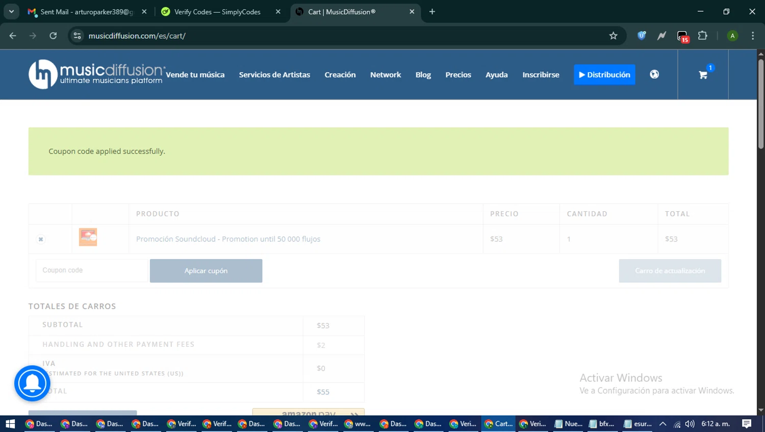 MusicDiffusion promo code screenshot showing code MDPCODE-2@724 applied at MusicDiffusion checkout page. Uploaded by SimplyCodes community member CashLynx5338 on Jun 27, 2025