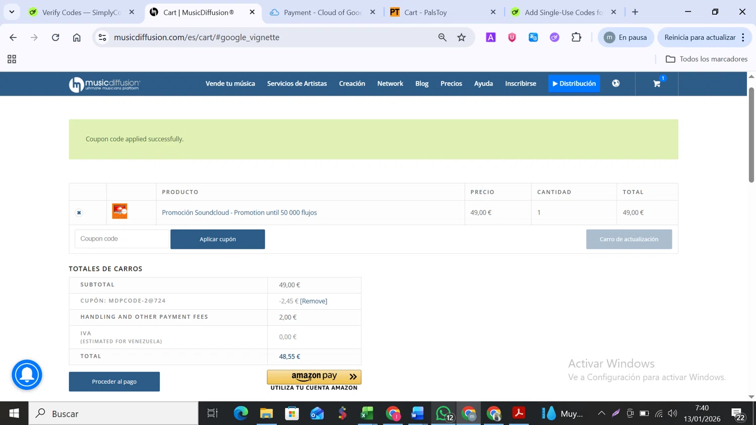 MusicDiffusion promo code screenshot showing code MDPCODE-2@724 applied at MusicDiffusion checkout page. Uploaded by SimplyCodes community member MANUELURBINA on Jan 13, 2026